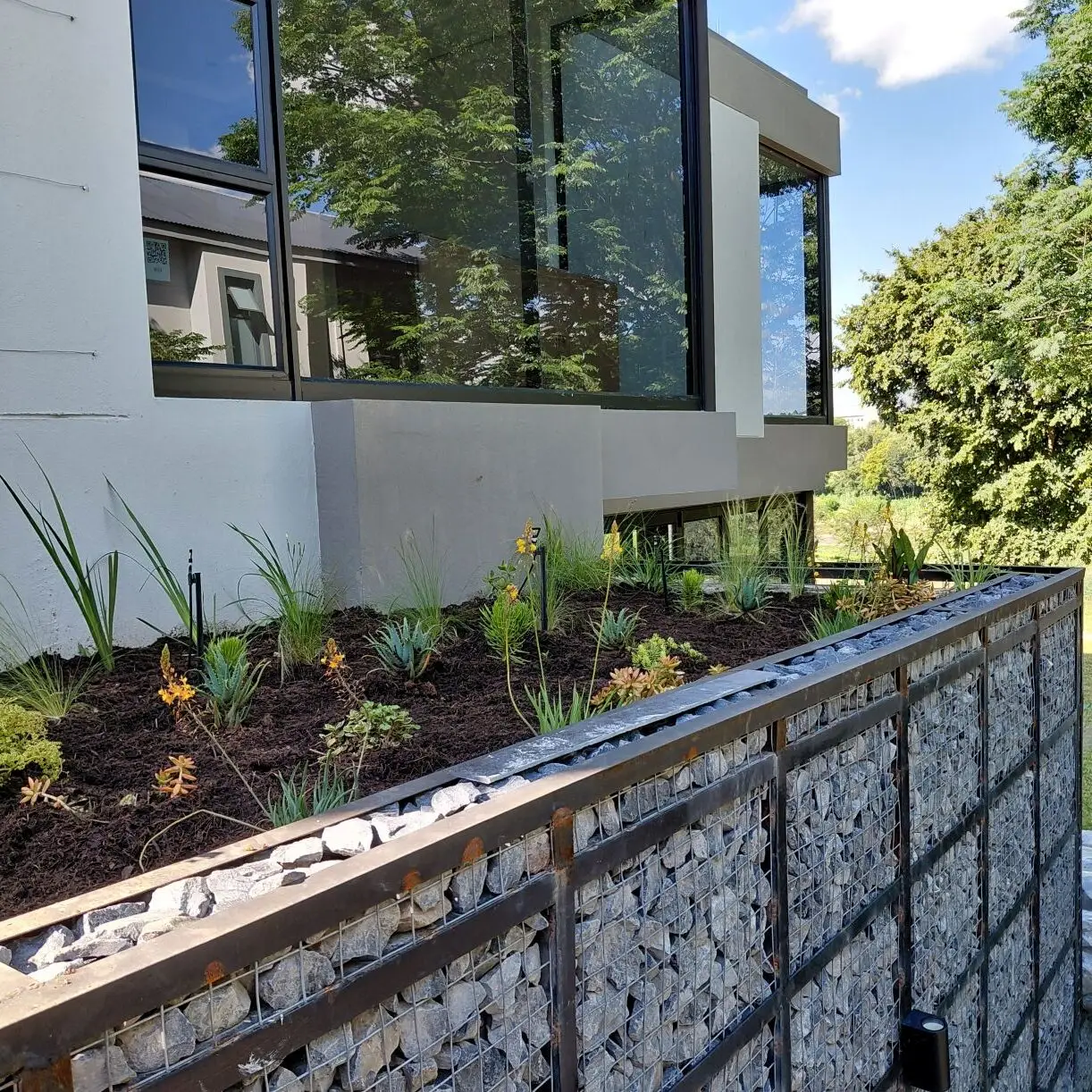 Gabion retaining wall and garden stairway with water-wise planting on a roof garden